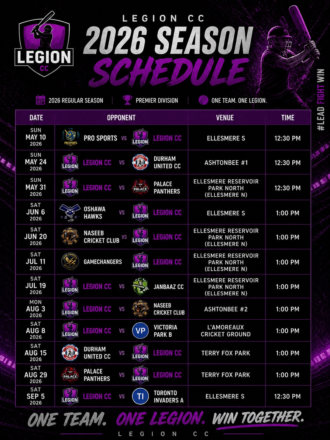 Legion CC 2026 Season Schedule